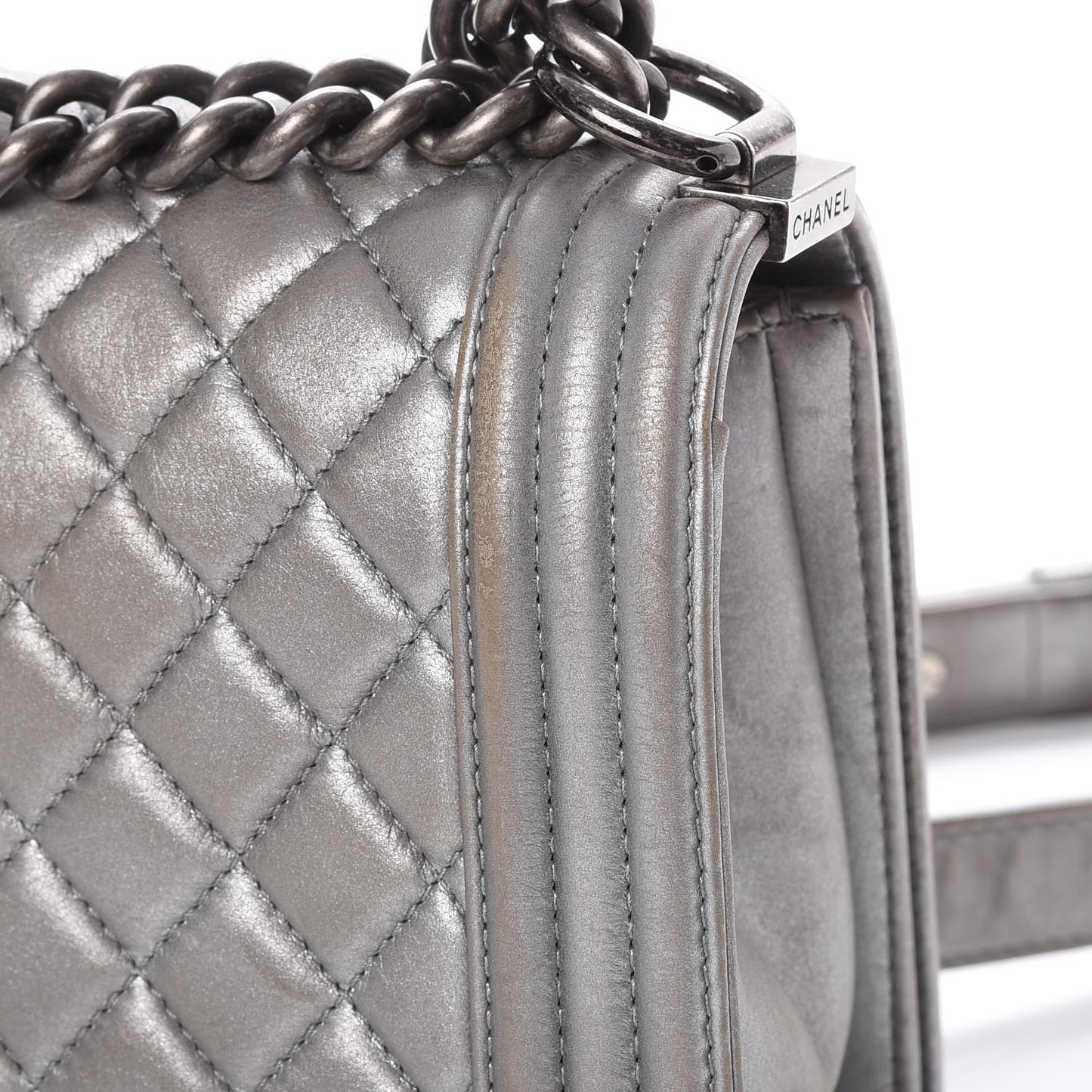 Metallic Calfskin Quilted Medium Boy Flap Silver