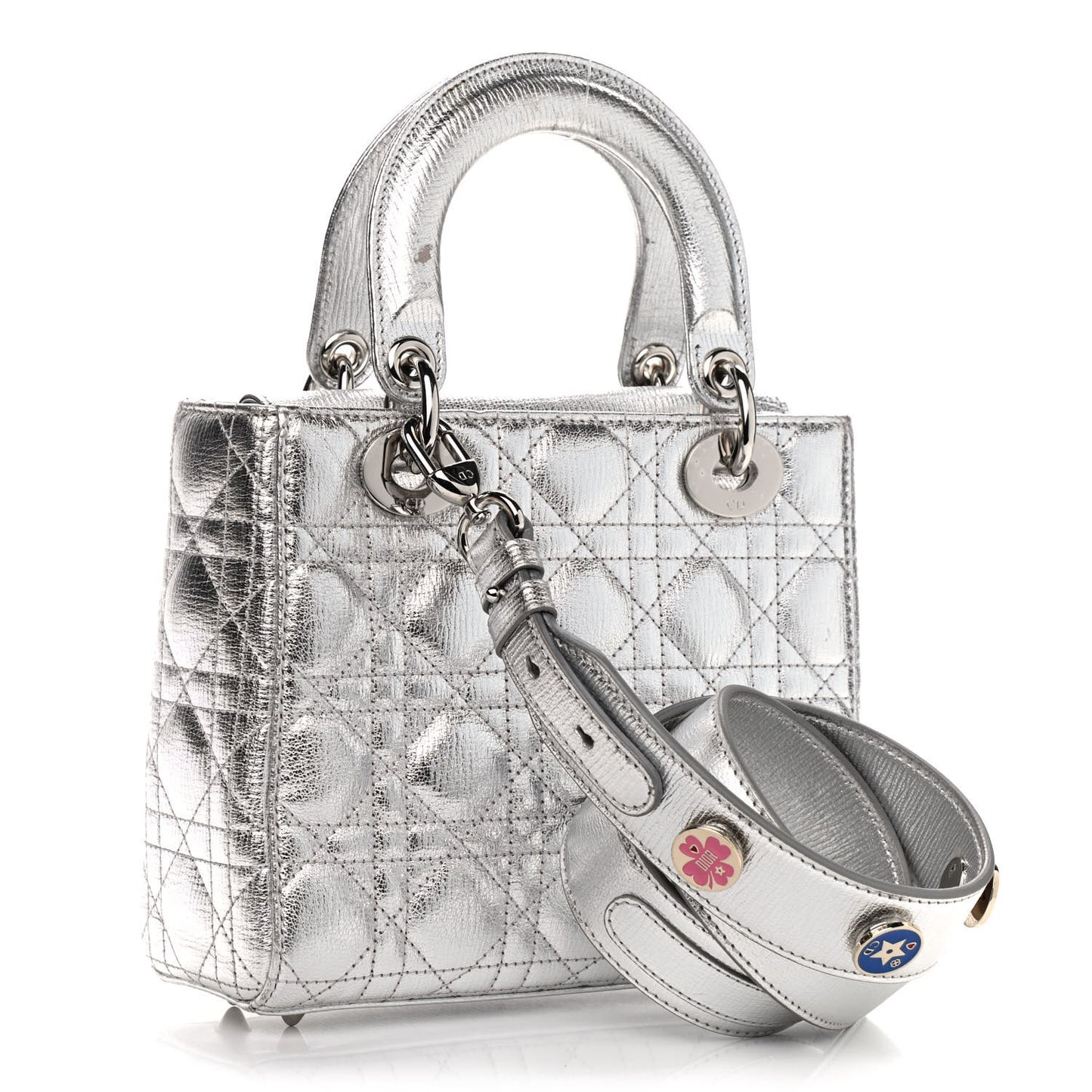 Metallic Grained Calfskin Cannage Small Lucky Badges My Lady Dior Silver
