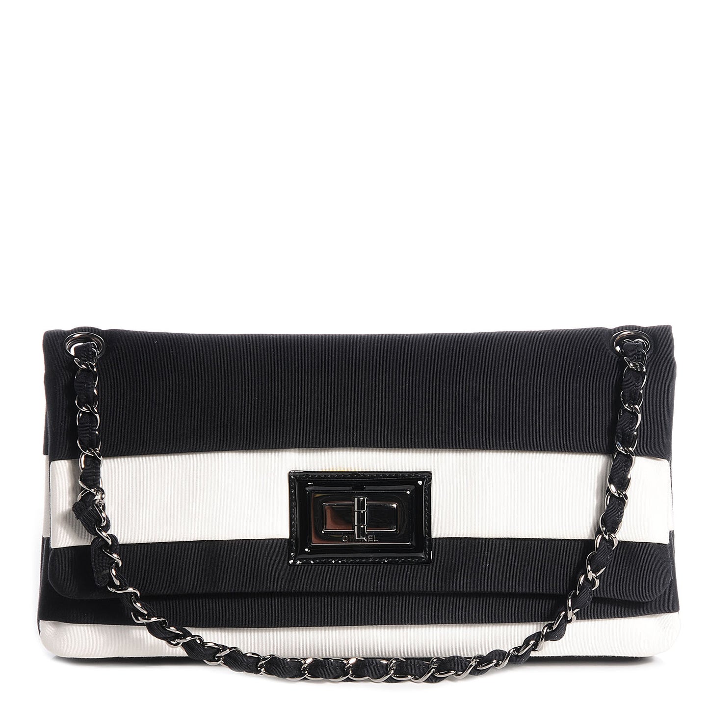 Grosgrain Stripy Mademoiselle Flap Bag Black White