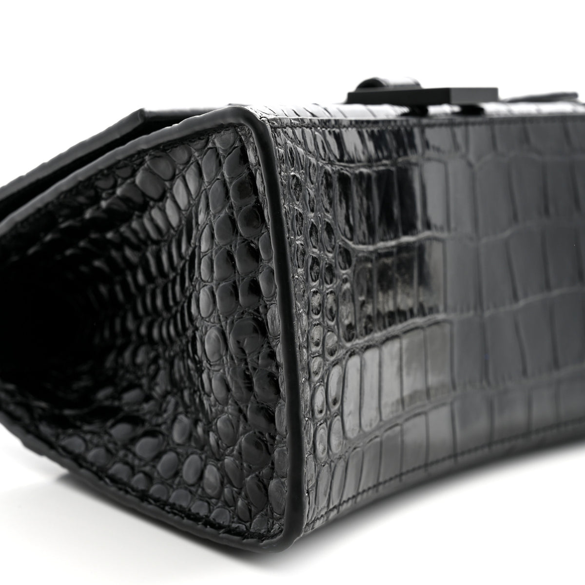 Shiny Calfskin Monochrome Crocodile Embossed Small Hourglass Top Handle Bag Black