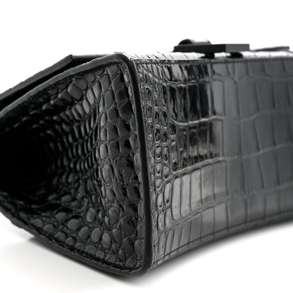Balenciaga Shiny Calfskin Monochrome Crocodile Embossed Small Hourglass Top Handle Bag Black 9 of 12