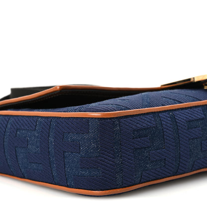 Fendi Denim Vitello King FF Embroidered Large Baguette Blue Cuoio 11 of 12