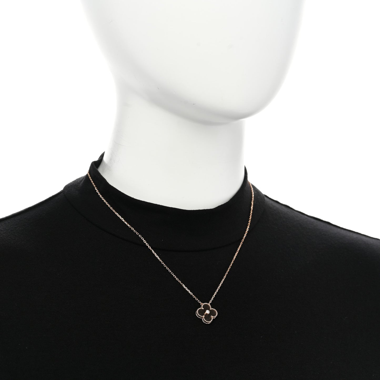 18K Rose Gold Diamond Silver Obsidian Vintage Alhambra Pendant Necklace