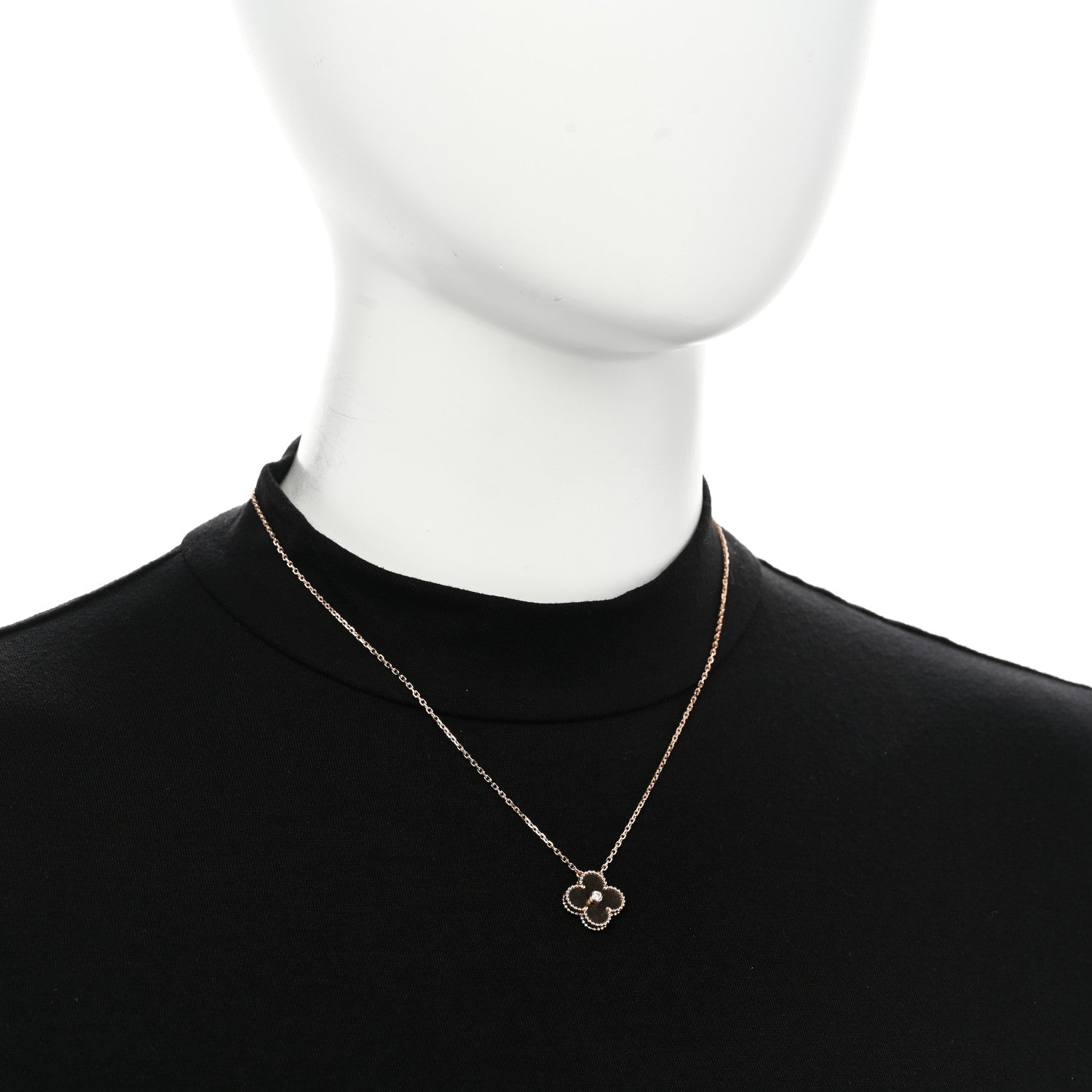 Van Cleef & Arpels 18K Rose Gold Diamond Silver Obsidian Vintage Alhambra Pendant Necklace 2 of 5