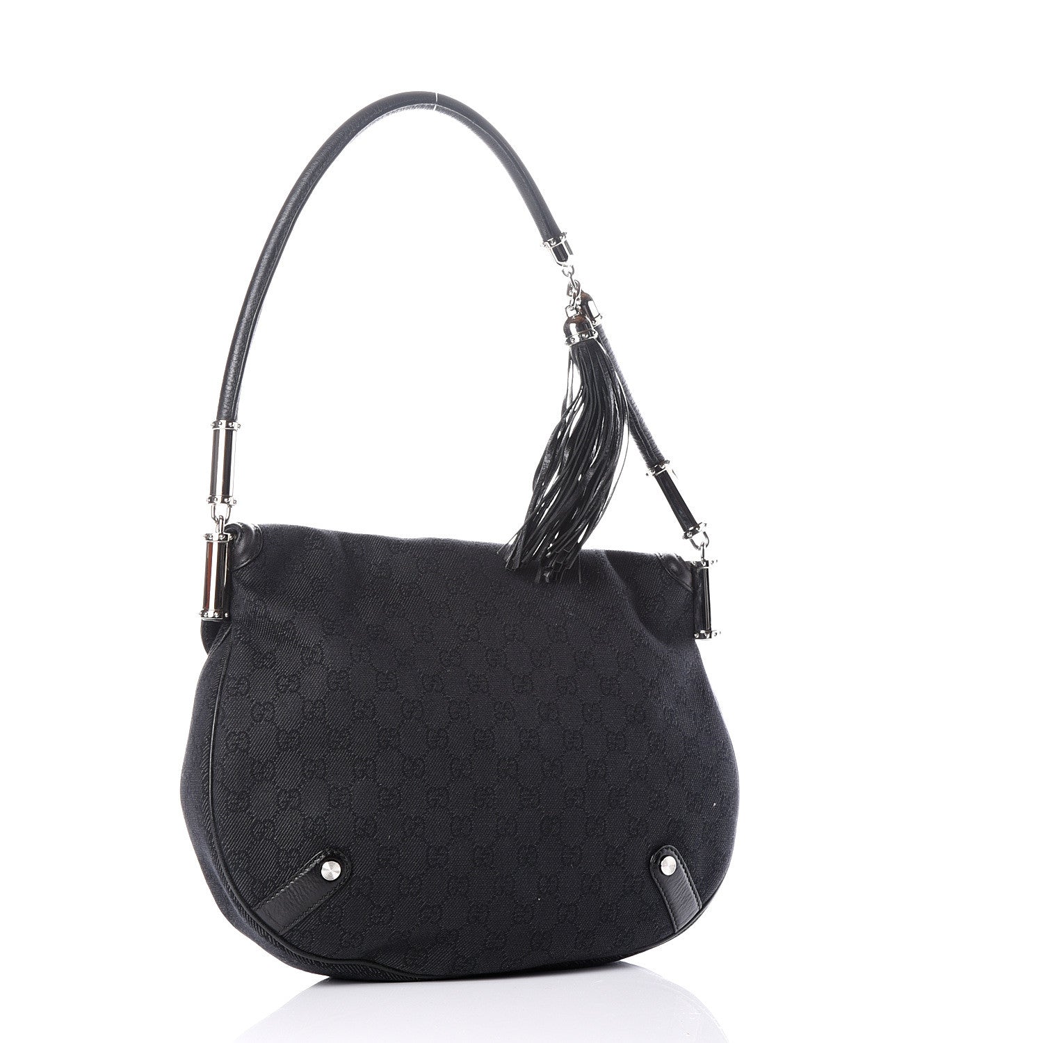 Gucci Denim Monogram Britt Tassel Shoulder Bag Black 2 of 13