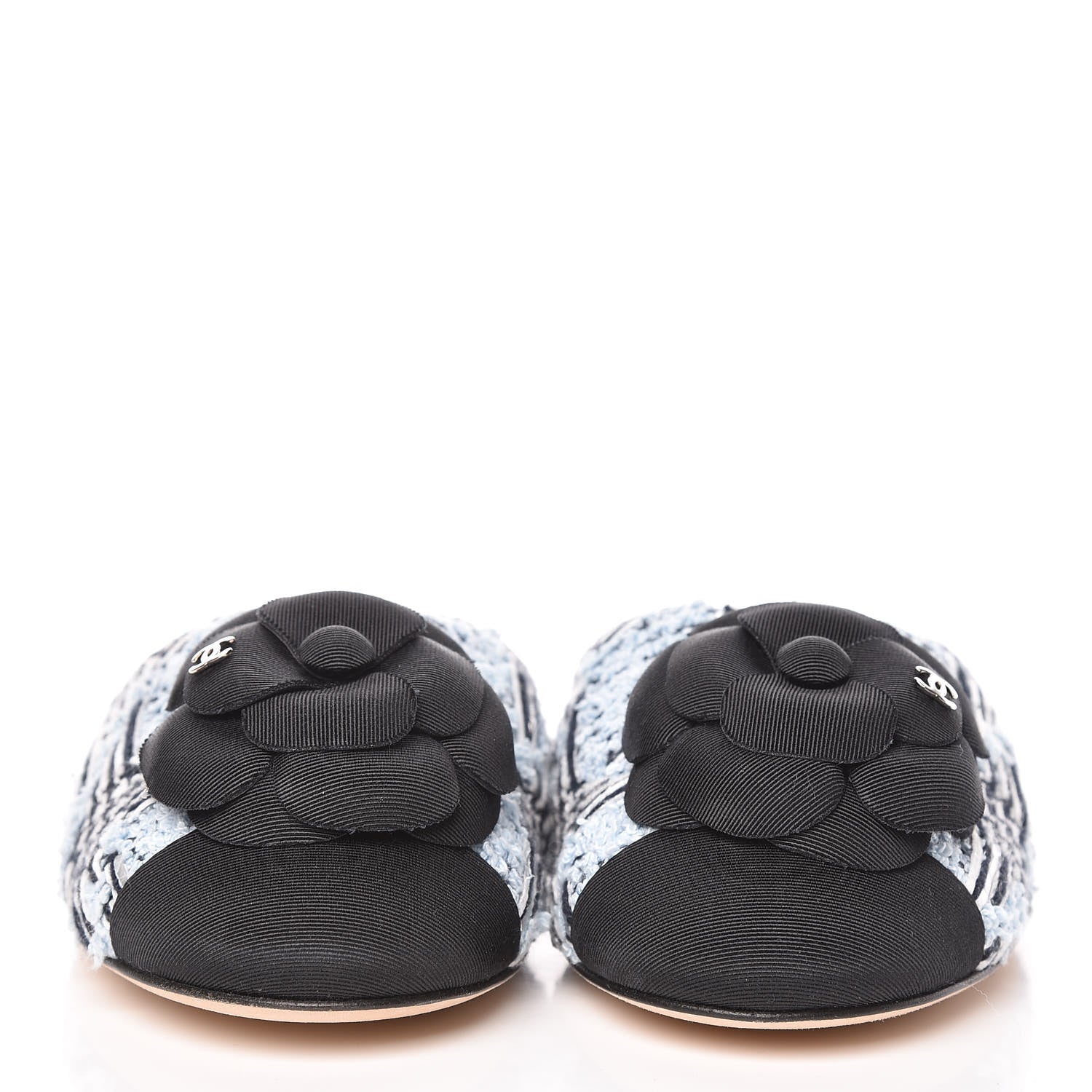 Chanel Tweed Grosgrain Camellia CC Flat Mules 36.5 Blue Silver Black 2 of 10