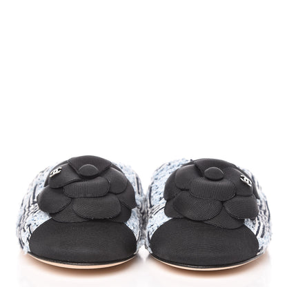 Chanel Tweed Grosgrain Camellia CC Flat Mules 36.5 Blue Silver Black 2 of 10