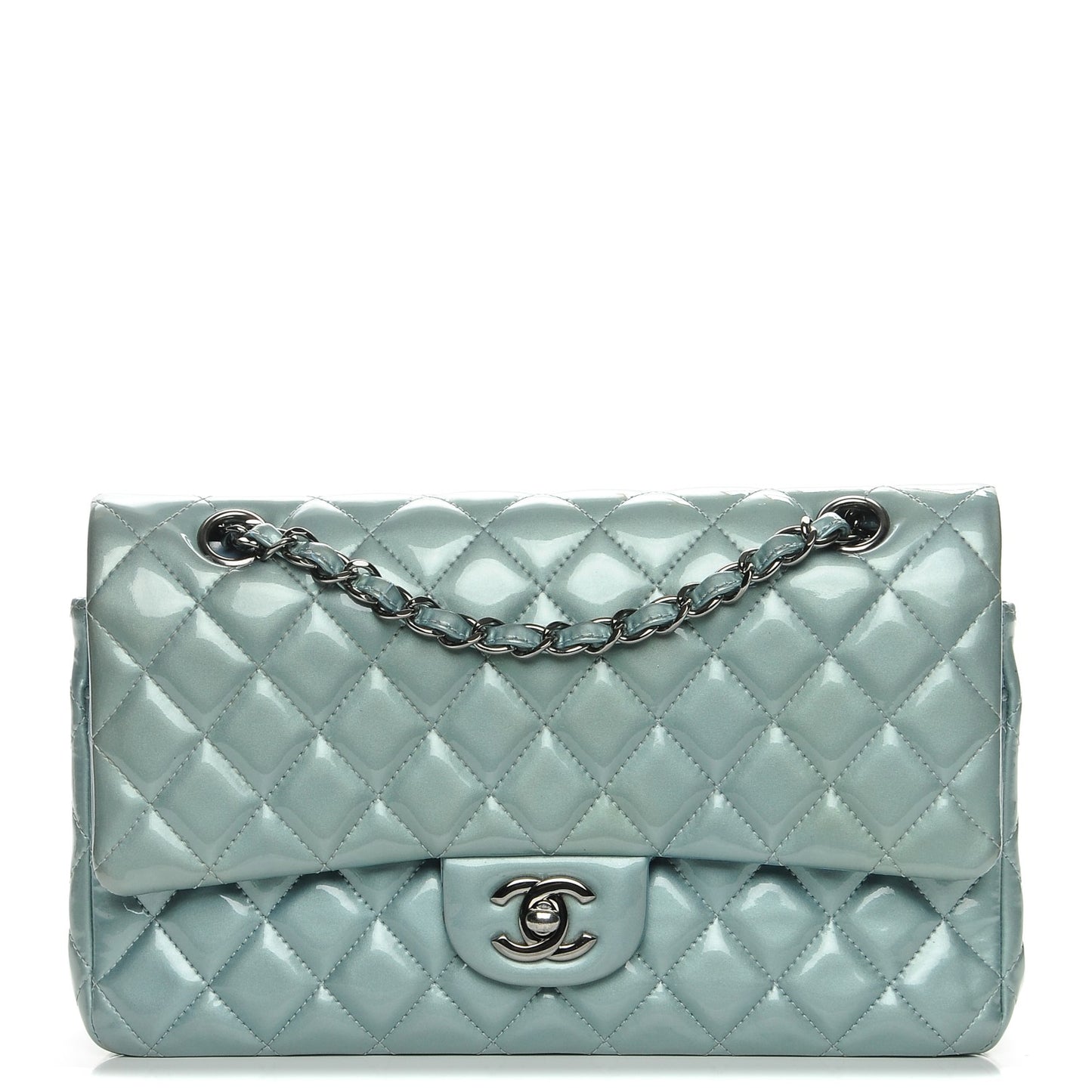 Patent Calfskin Quilted Medium Double Flap Turquoise