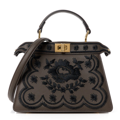 Fendi Vitello Seta Shiny Nappa Floral Embroidered Petite Peekaboo I SEE U Satchel Carbone Black 1 of 14