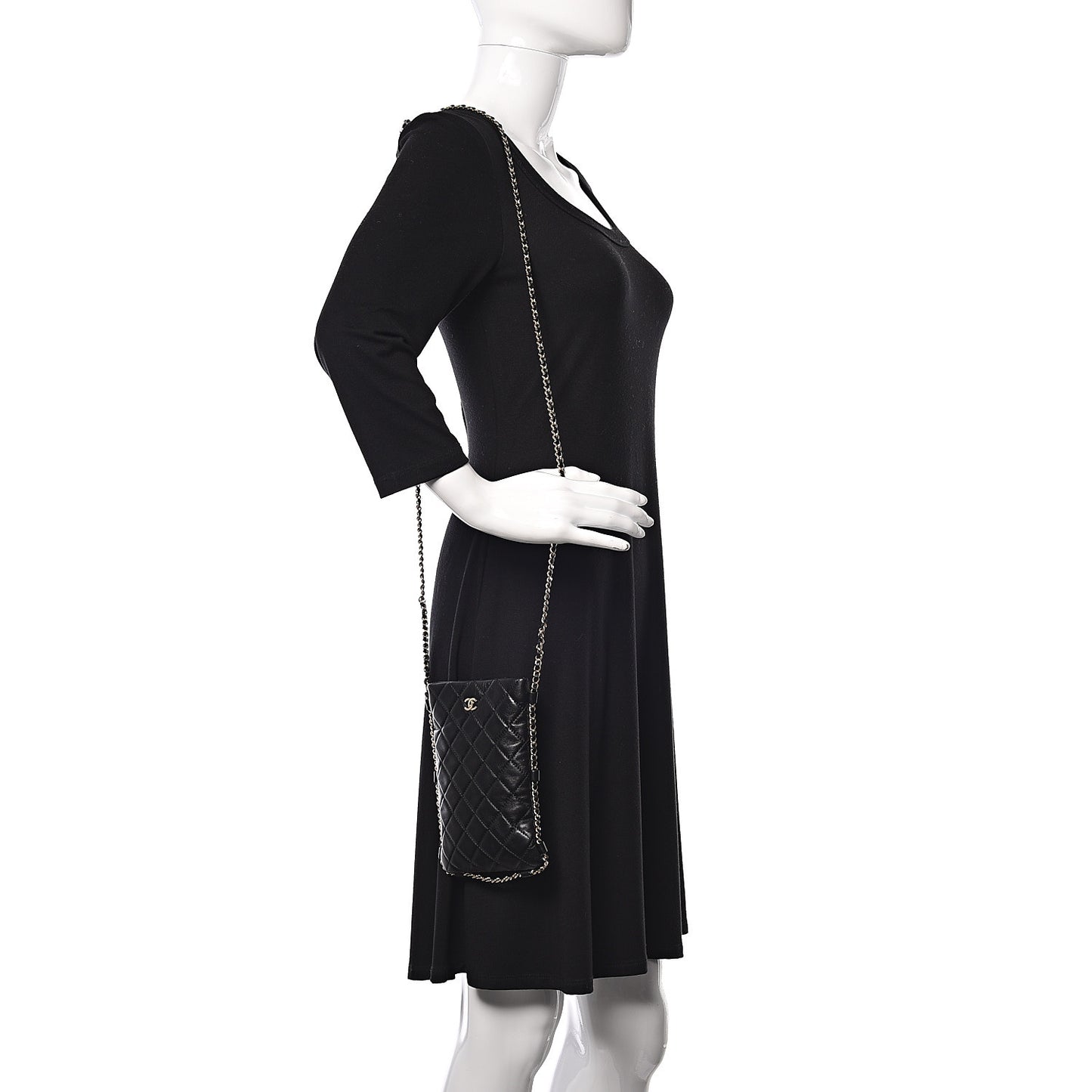 Lambskin Quilted Chain Around Phone Holder Black