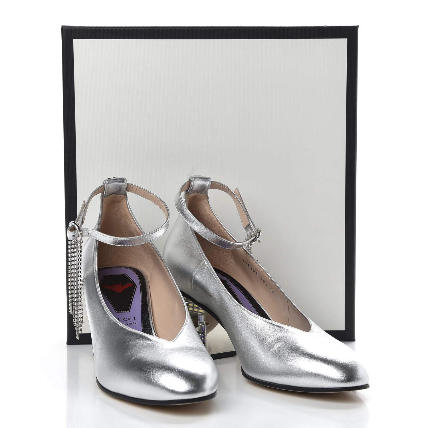 Gucci Metallic Nappa Crystal Square G Mid Heel Pumps 40.5 Silver 10 of 10