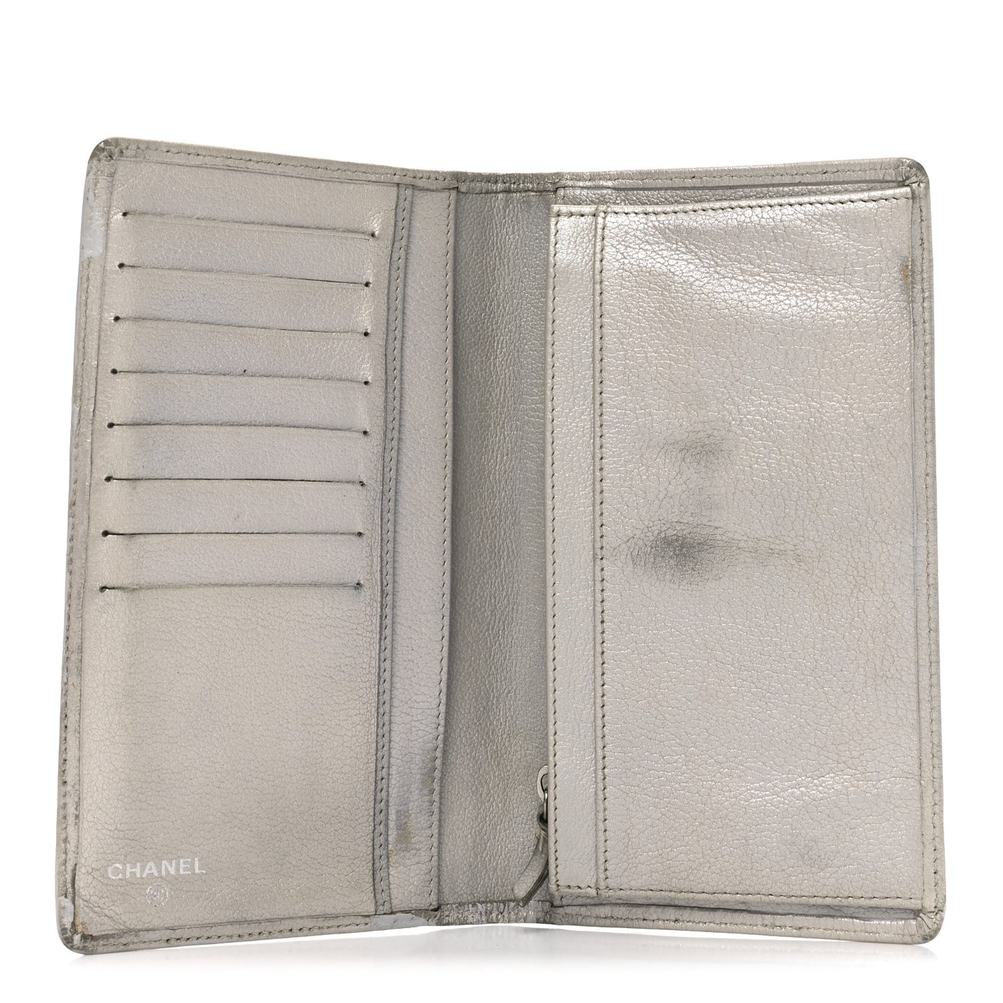 Metallic Goatskin Camellia Embossed Yen Wallet Silver