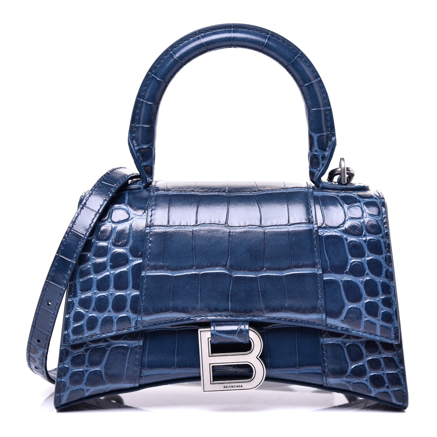 Shiny Calfskin Crocodile Embossed Hourglass Top Handle Bag XS Denim Blue