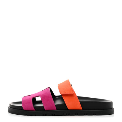 Hermes Suede Goatskin Womens Chypre Sandals 37.5 Rose Chapas Orange Synthetique 1 of 8