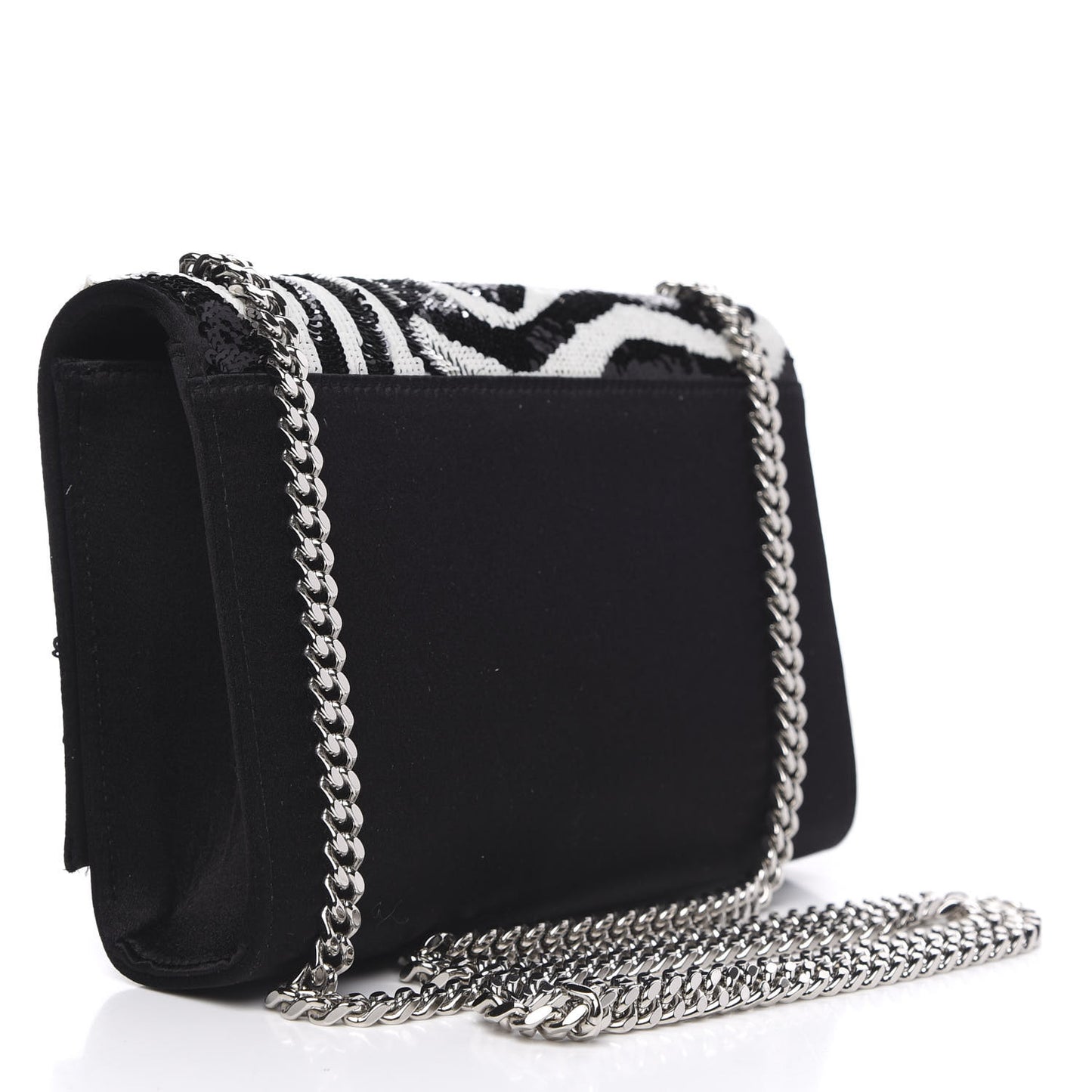 Satin Sequin Zebra Small Monogram Kate Tassel Satchel Black White