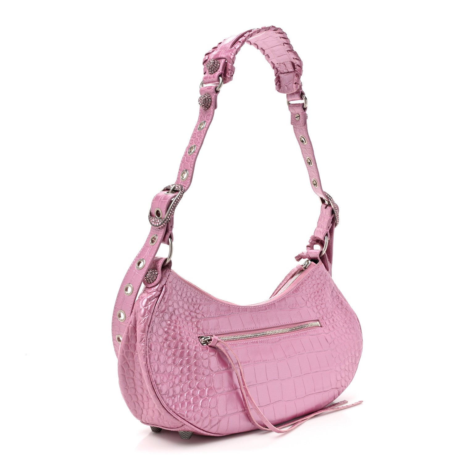 Balenciaga Metallic Extra Supple Calfskin Crystal Crocodile Embossed Small Le Cagole Shoulder Bag Pink 3 of 12