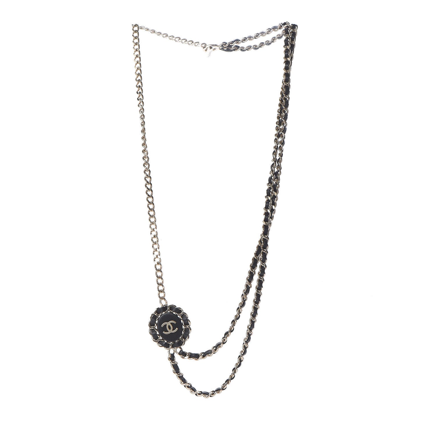Lambskin CC Long Chain Necklace Black Gold