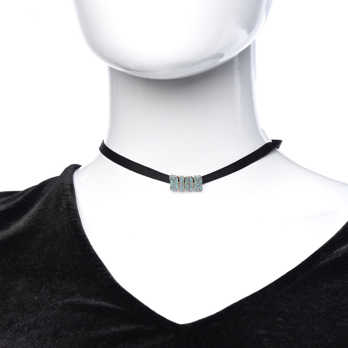 Grosgrain Ribbon Crystal Dior Logo Choker Necklace Black Turquoise