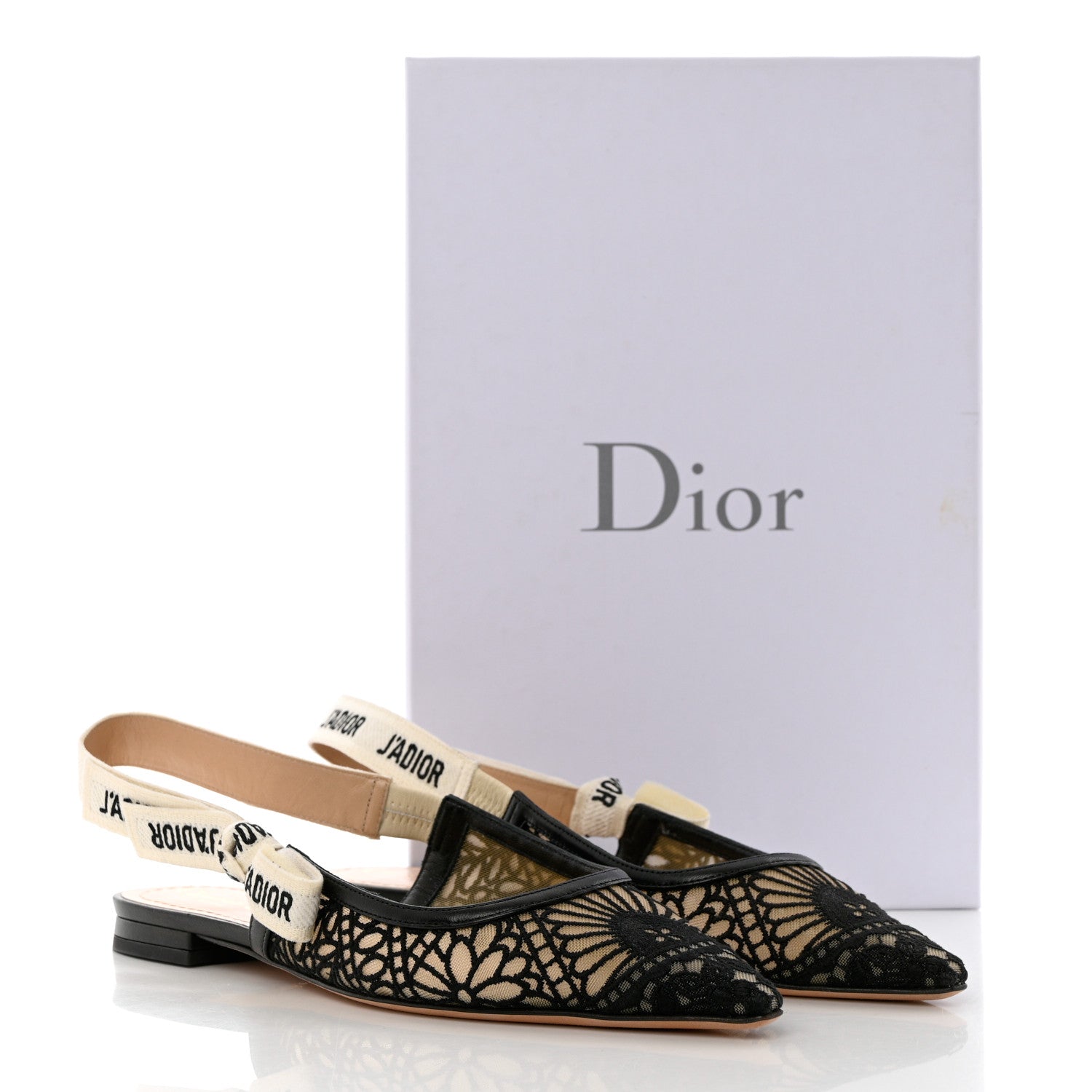 Christian Dior Fabric Ribbon Lace Embroidered J'Adior Slingback Flats 38 Black 9 of 9