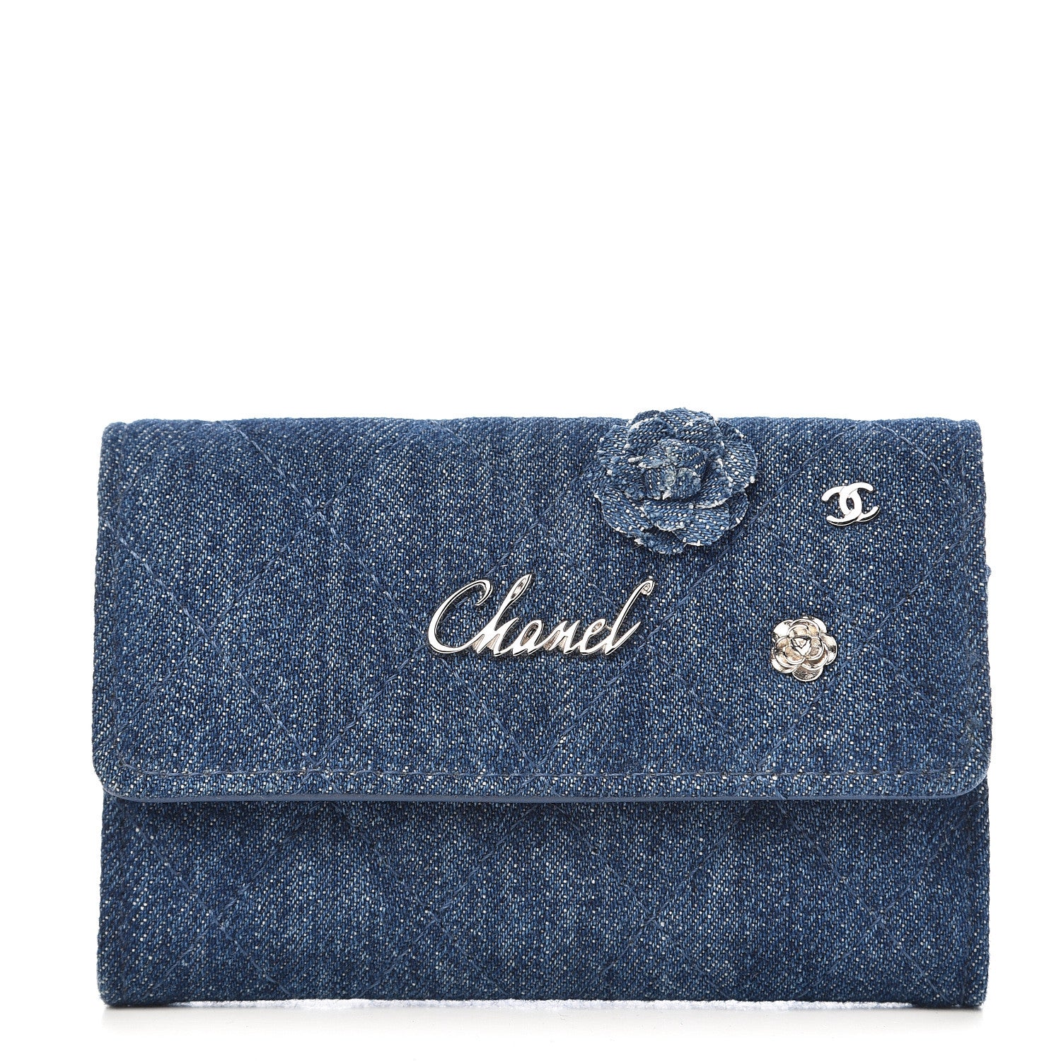 Chanel Denim Camelia Charms Card Holder Blue 1 of 8