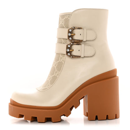 Gucci Kensington Calfskin Nappa GG Supreme Monogram Womens Double Buckle Ankle Boots 36.5 Mystic White Beige 1 of 11