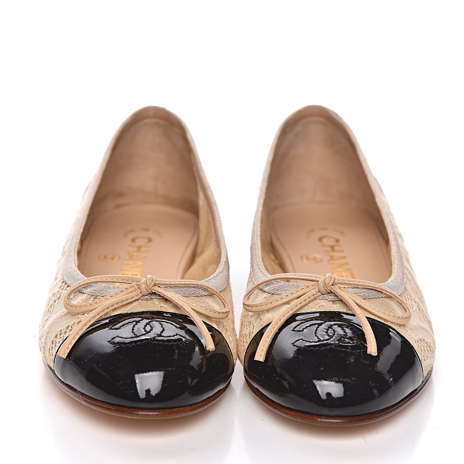 Chanel Lace Patent Cap Toe CC Ballerina Flats 35 Beige Black 2 of 10