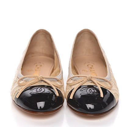 Chanel Lace Patent Cap Toe CC Ballerina Flats 35 Beige Black 2 of 10