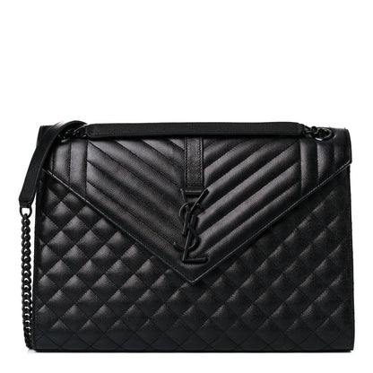 Saint Laurent Grain De Poudre Textured Mixed Matelasse Large Triquilt Monogram Monochrome Satchel Black 1 of 9