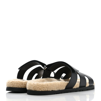 Hermes Veau Indios Woolskin Mens Chypre Sandals 46 Black Ecru 4 of 8