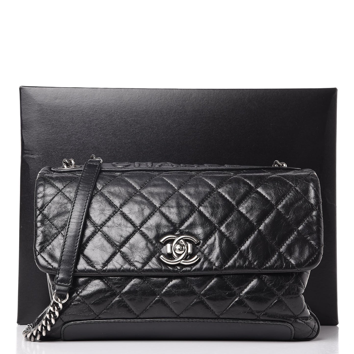 Aged Calfskin Quilted Tag Flap Black