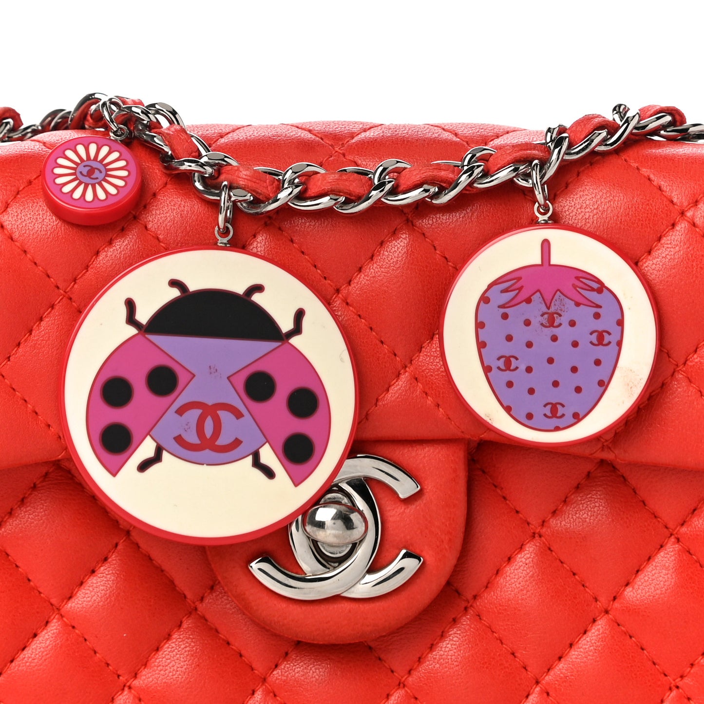 Lambskin Quilted Ladybug Extra Mini Flap Red