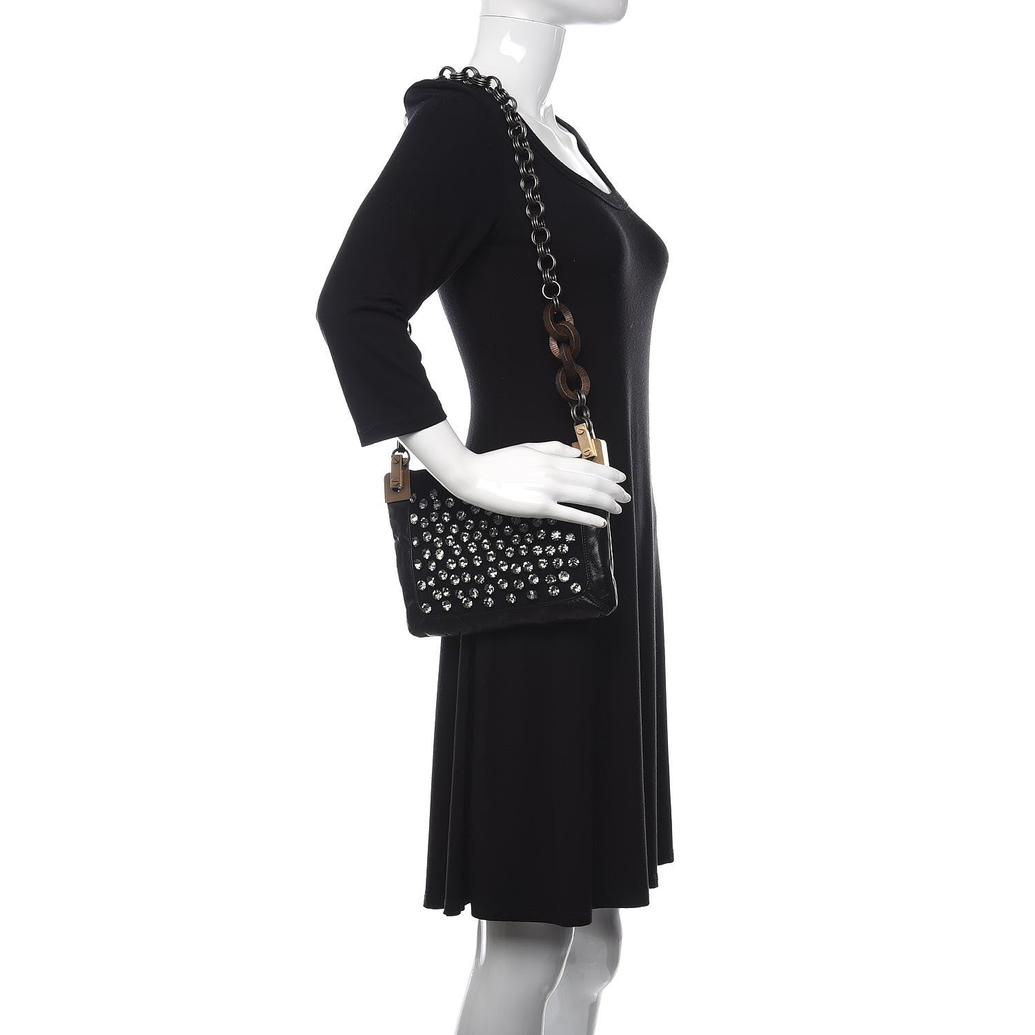 Lanvin Glazed Calfskin Felt Crystal Embellished Ketu Sac Chain Shoulder Bag Black 2 of 9