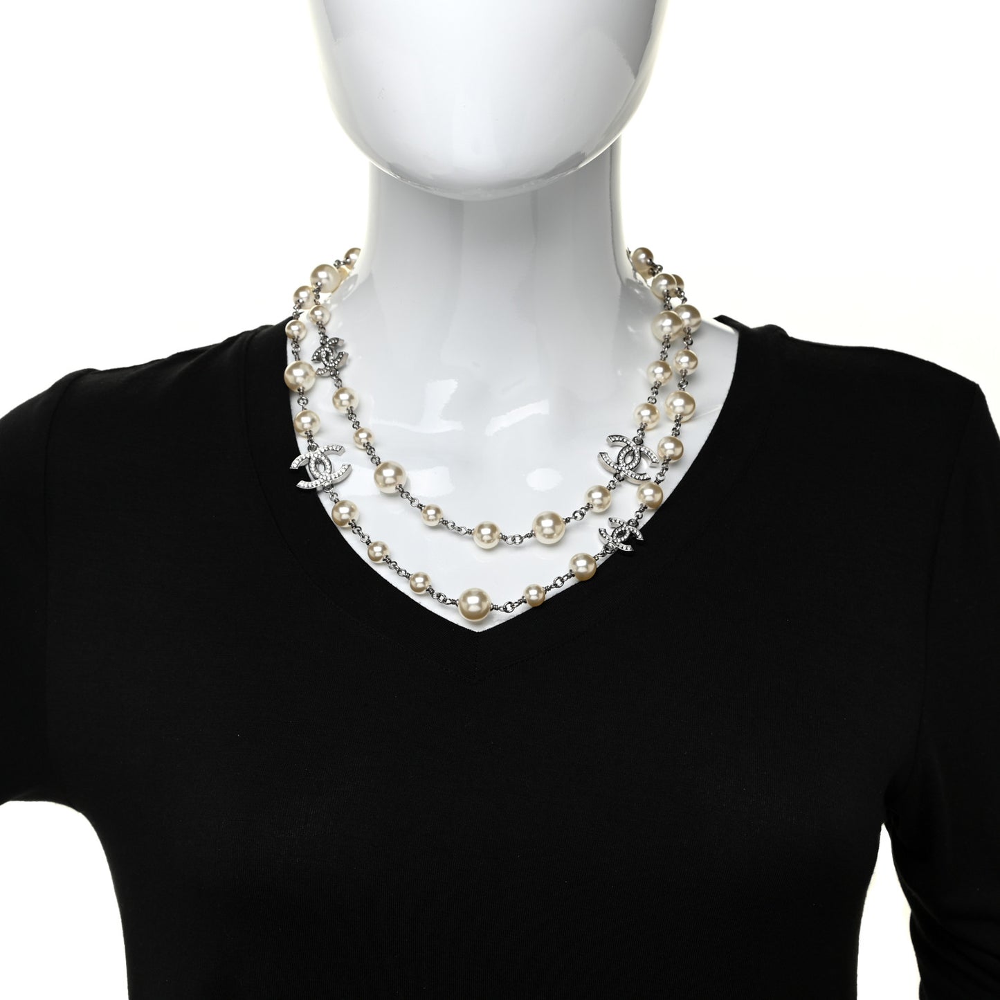 Crystal Pearl CC Long Necklace Silver