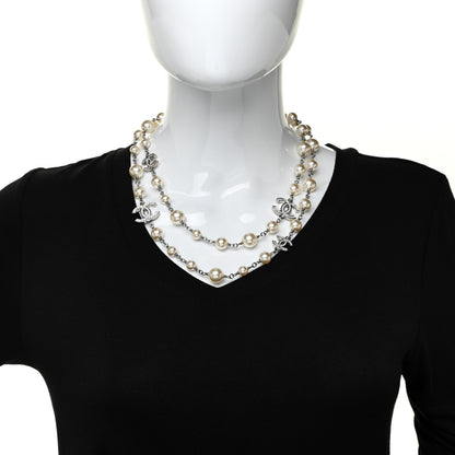 Chanel Crystal Pearl CC Long Necklace Silver 2 of 5