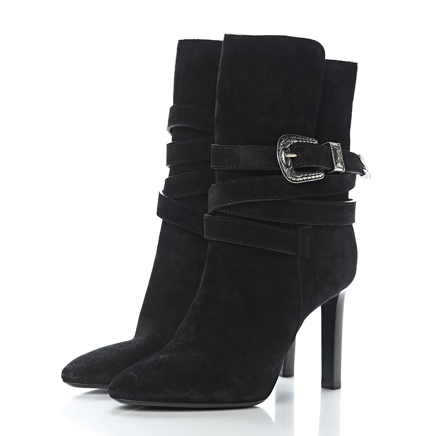 Saint Laurent Suede Mica Buckle Western Ankle Booties 37.5 Black 3 of 10