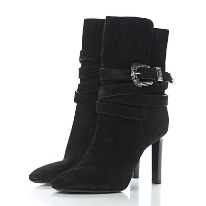 Saint Laurent Suede Mica Buckle Western Ankle Booties 37.5 Black 3 of 10