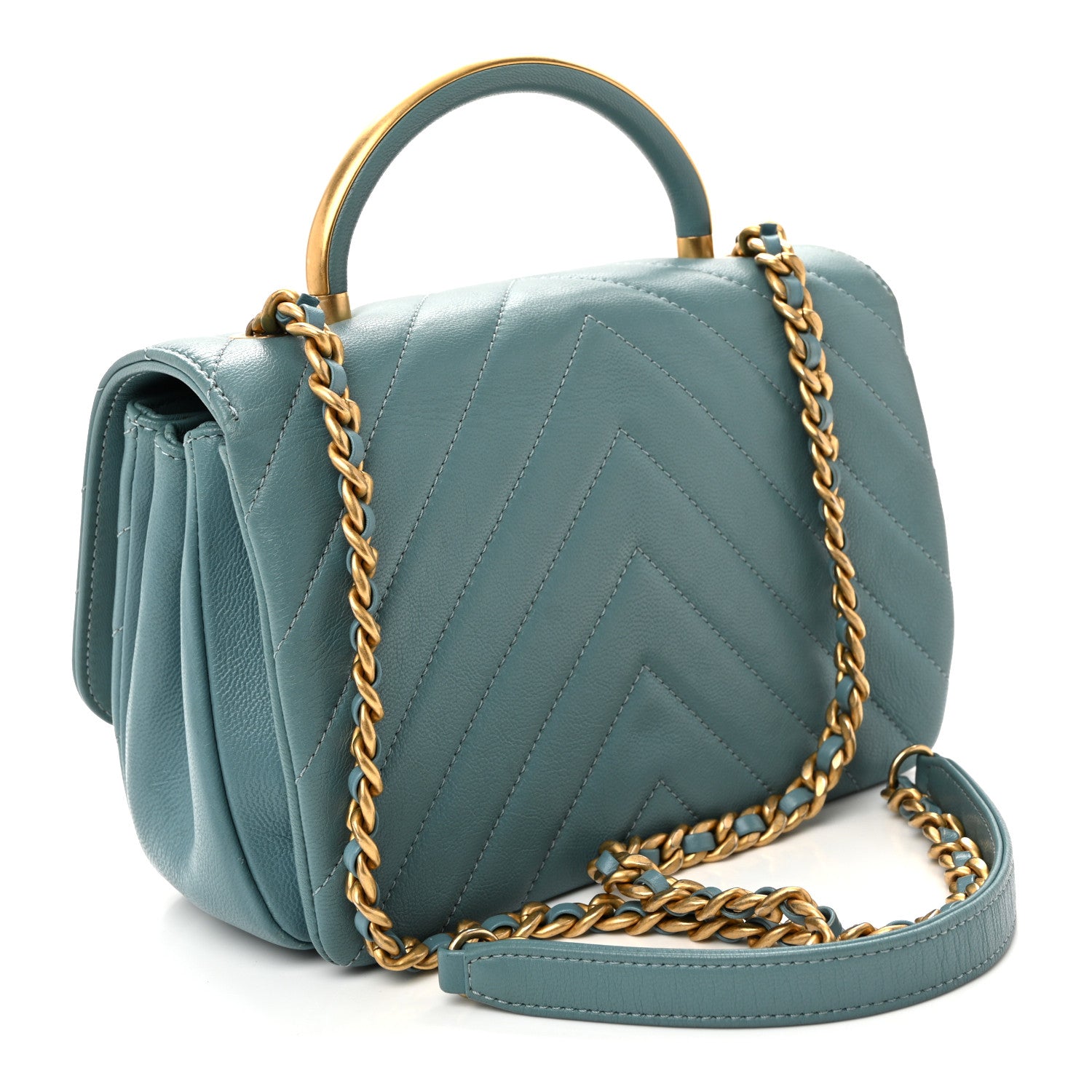 Chanel Lambskin Chevron Quilted Gold Top Handle Flap Bag Blue 3 of 11