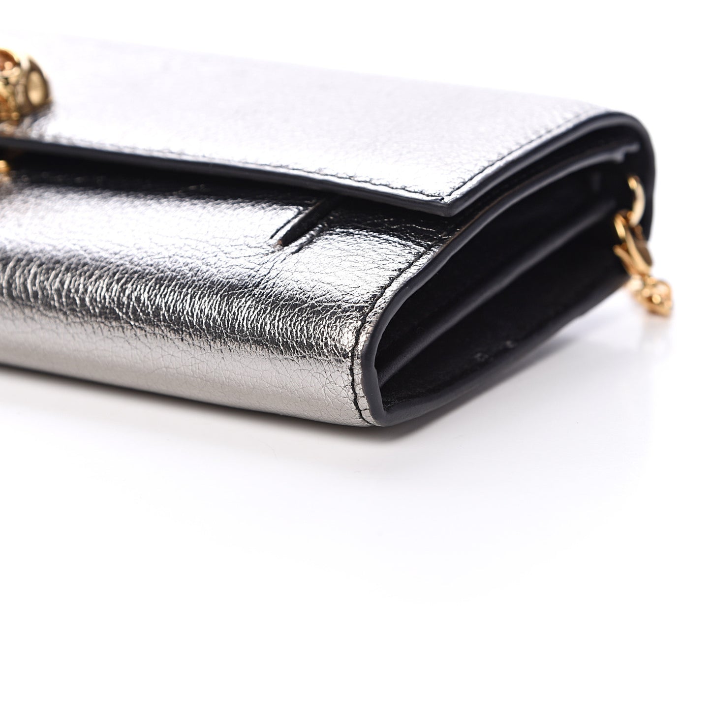 Metallic Calfskin Skull Wallet on Chain Silver