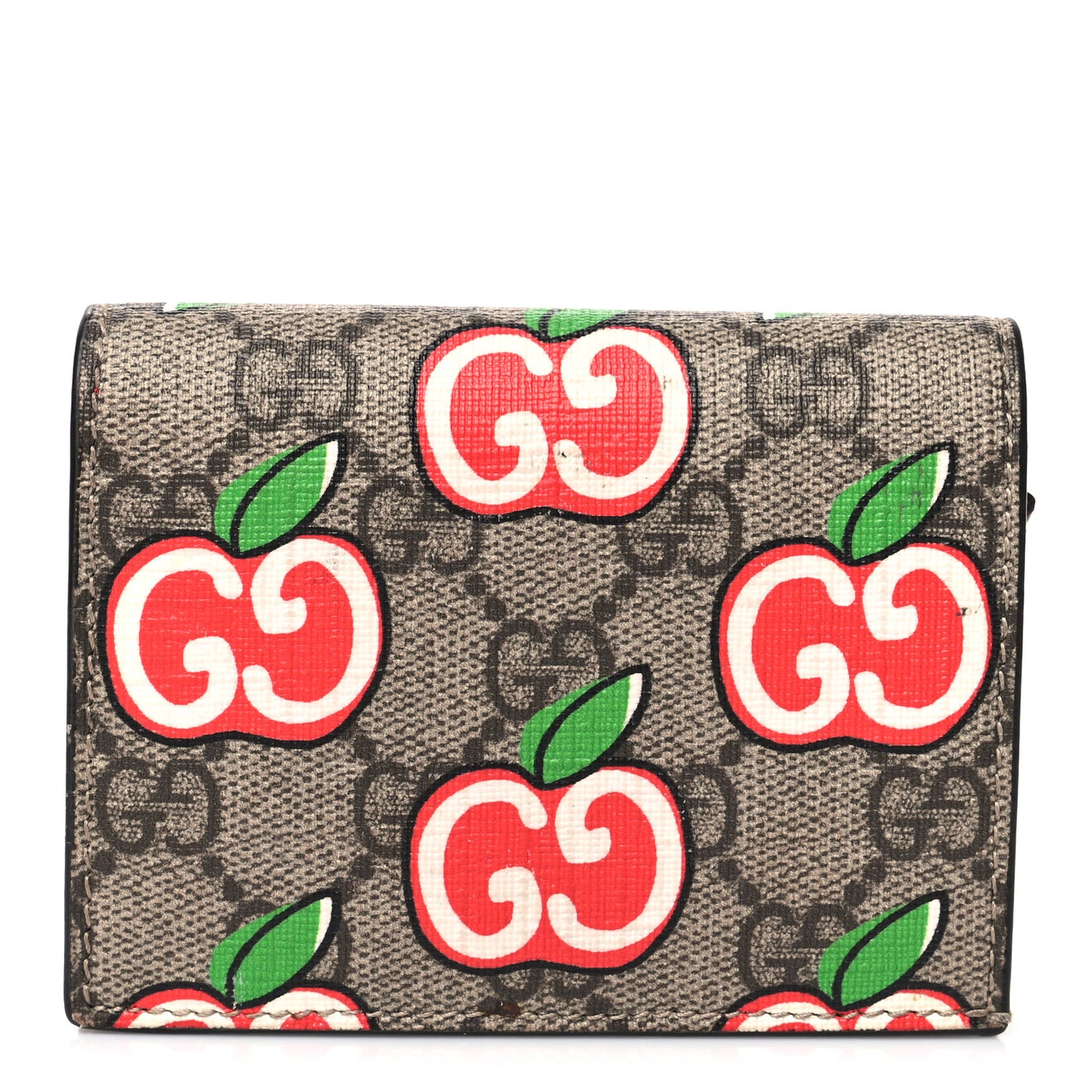 GG Supreme Monogram Apple Card Case Wallet Beige Multicolor Lobster Red
