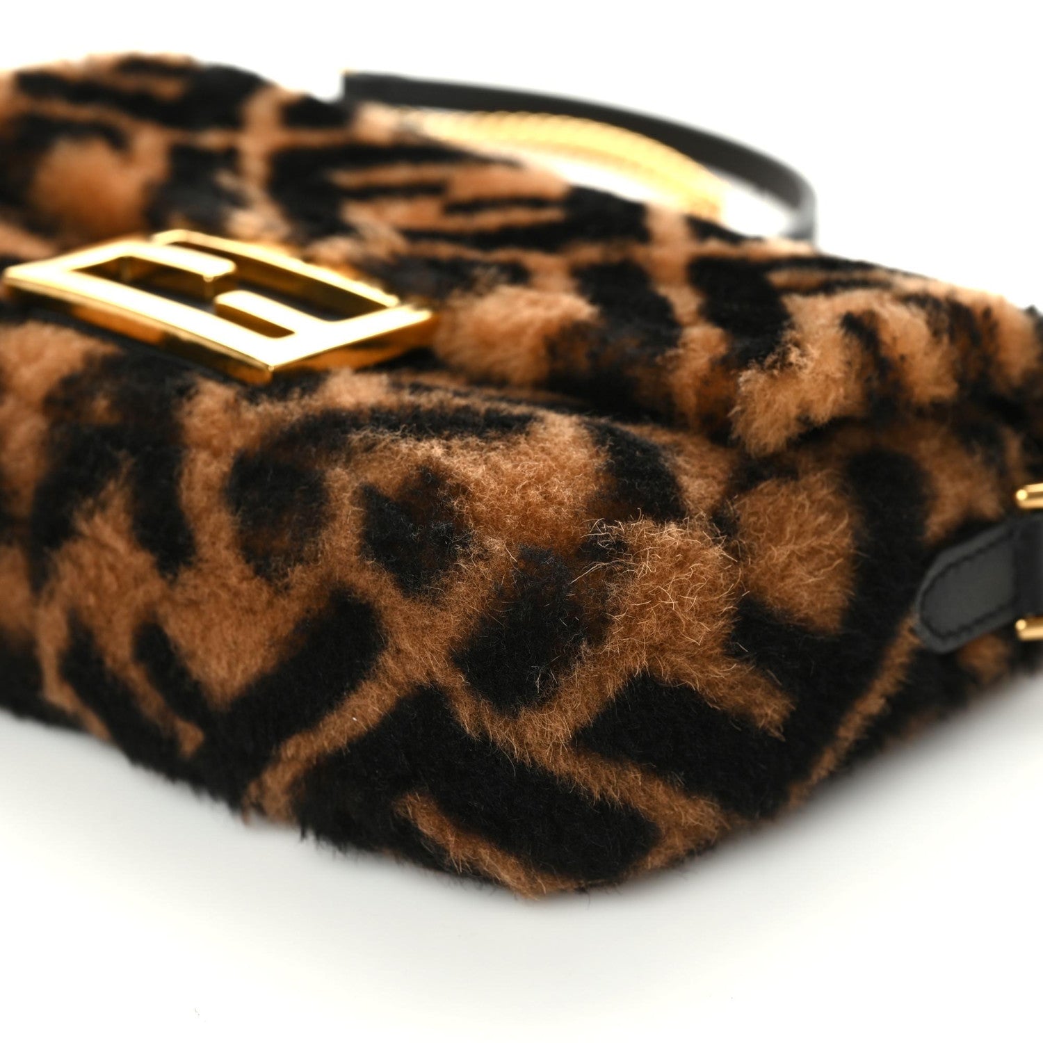 Fendi Shearling Vitello Dolce Macro FF 1974 Mini Baguette Tobacco Black 6 of 10