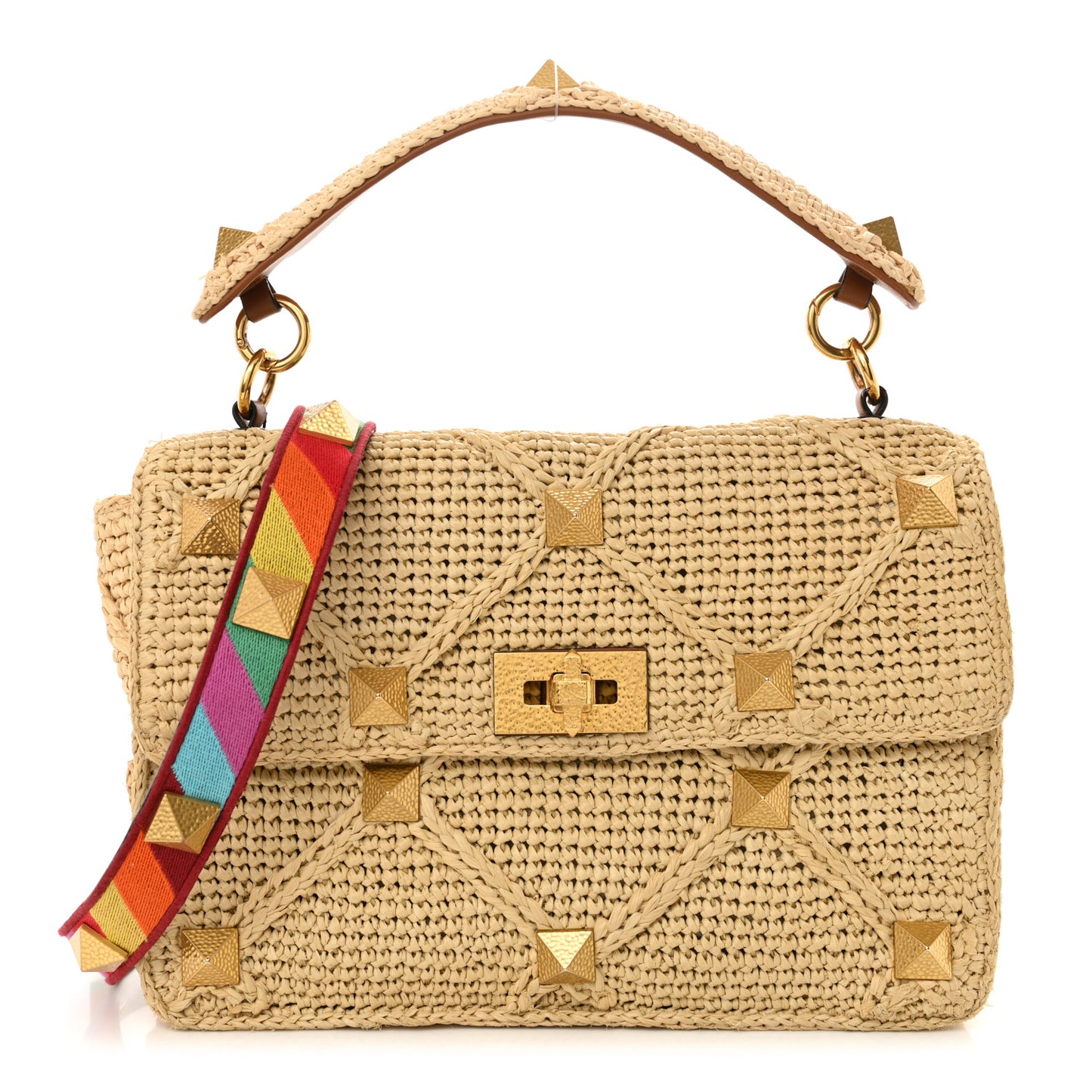 Raffia Large Roman Stud Shoulder Bag Naturale Multicolor