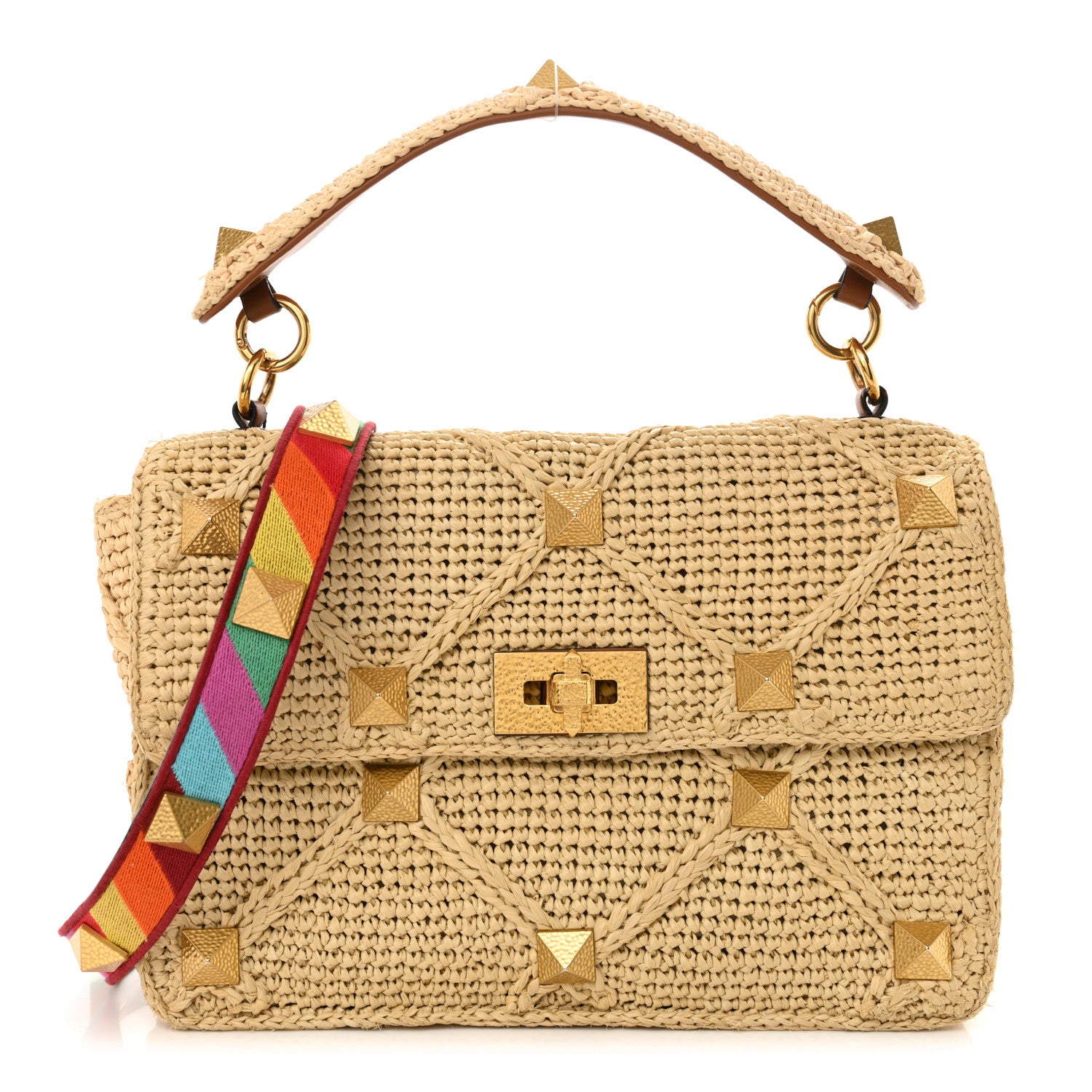Valentino Garavani Raffia Large Roman Stud Shoulder Bag Naturale Multicolor 1 of 11