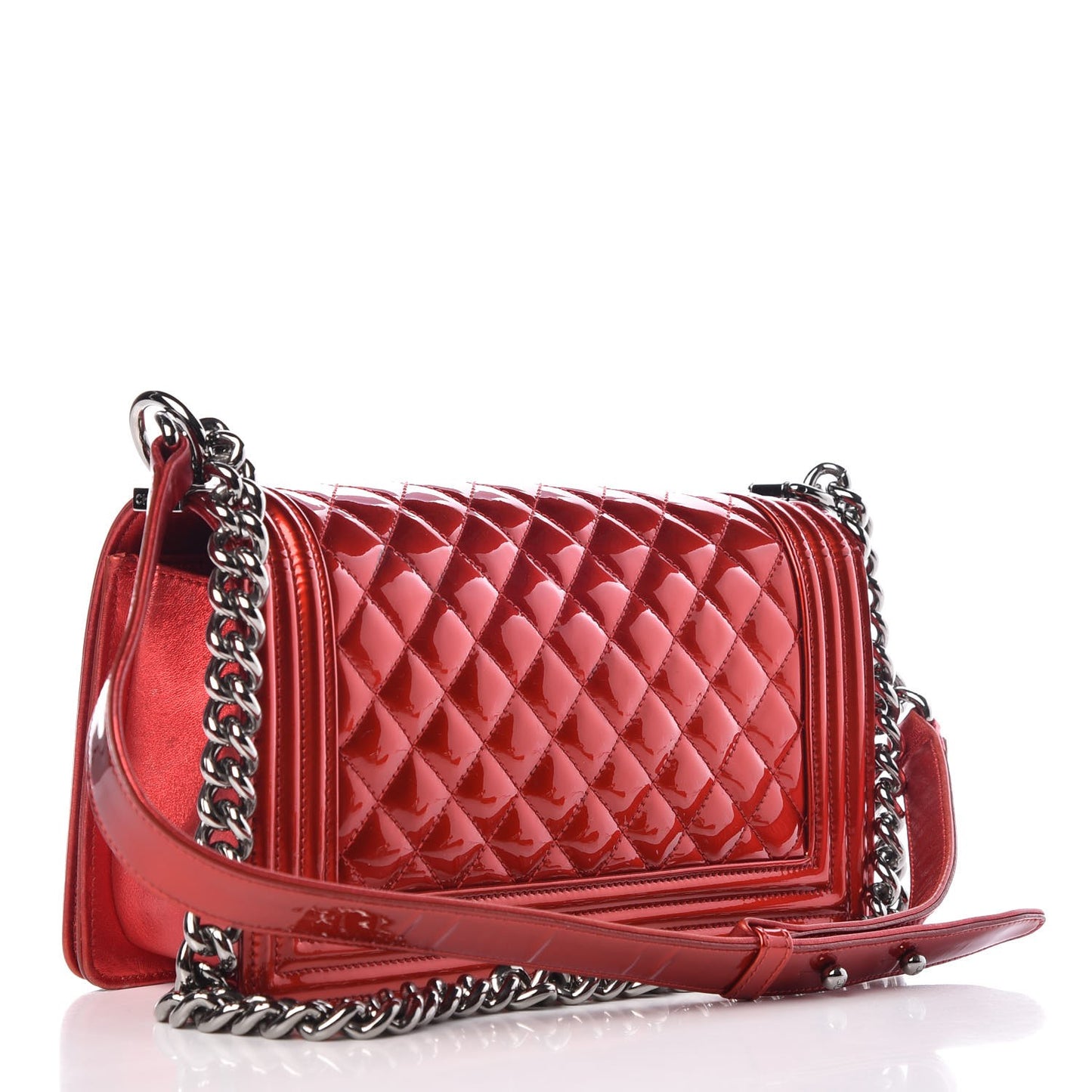 Metallic Patent Calfskin Quilted Medium Boy Flap Red