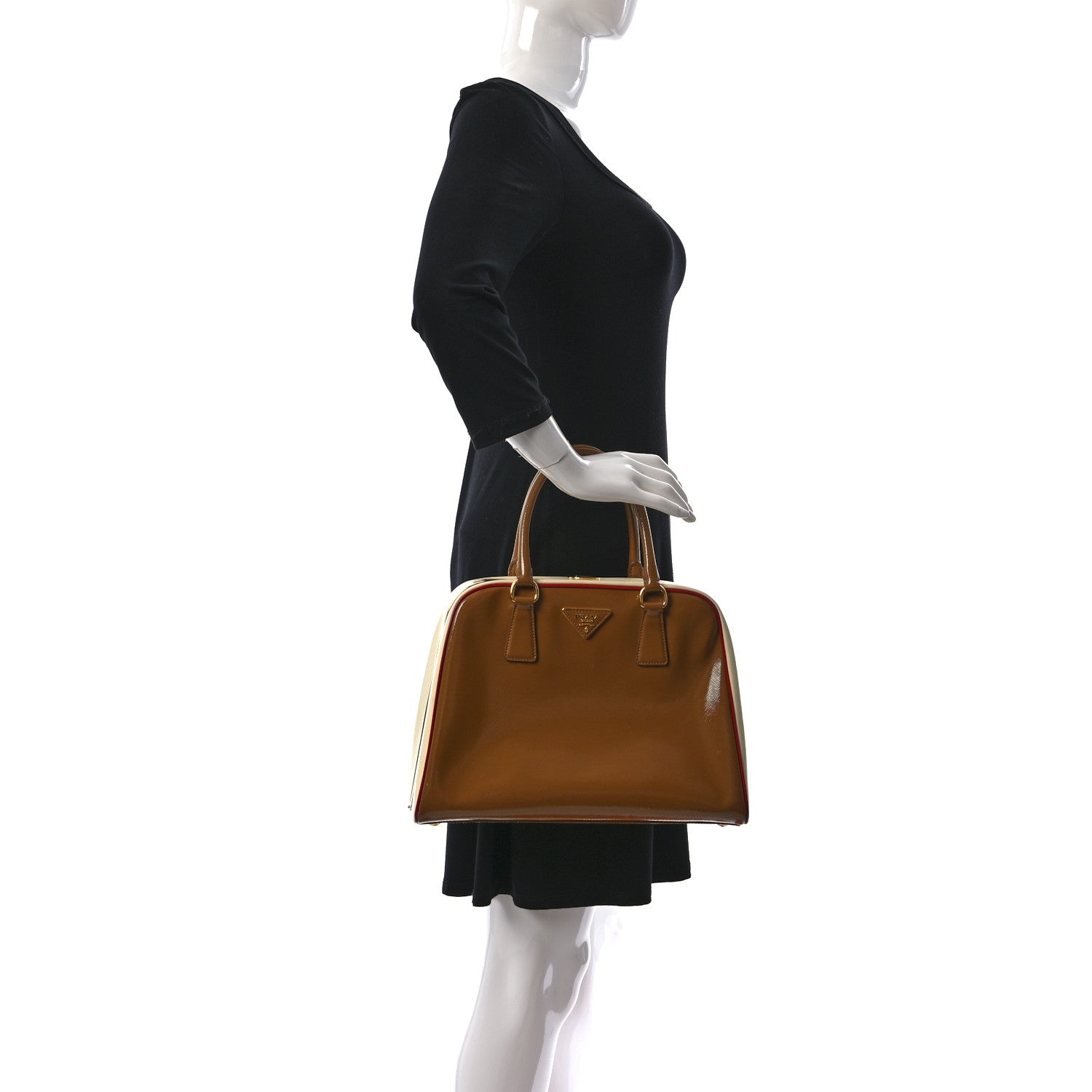 Prada Saffiano Vernice Pyramid Bag Caramel Rosso White 2 of 11