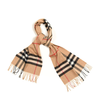 Burberry Cashmere Classic Check Fringe Scarf Camel 1 of 3