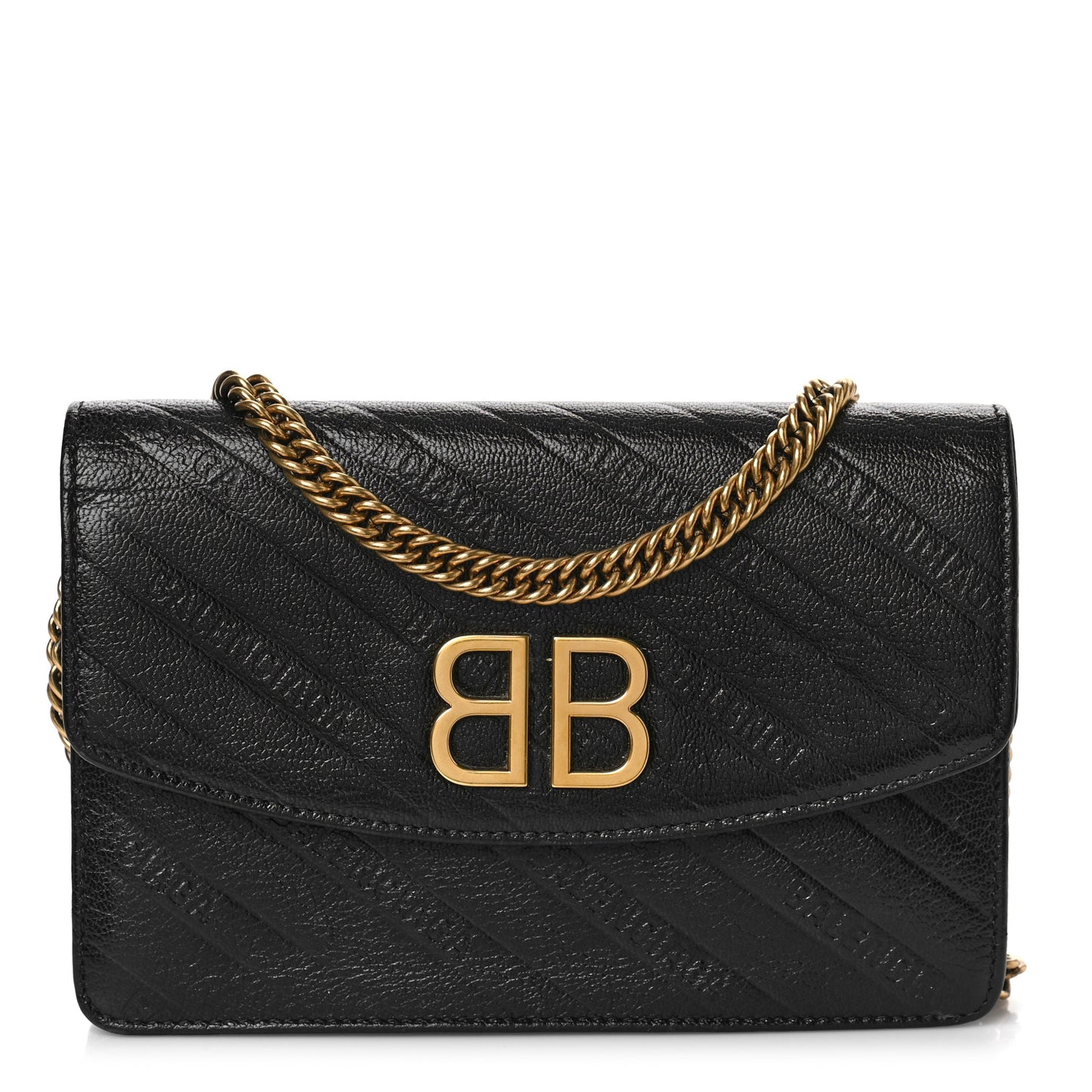 Shiny Goatskin Logo Embossed BB Wallet On Chain Black