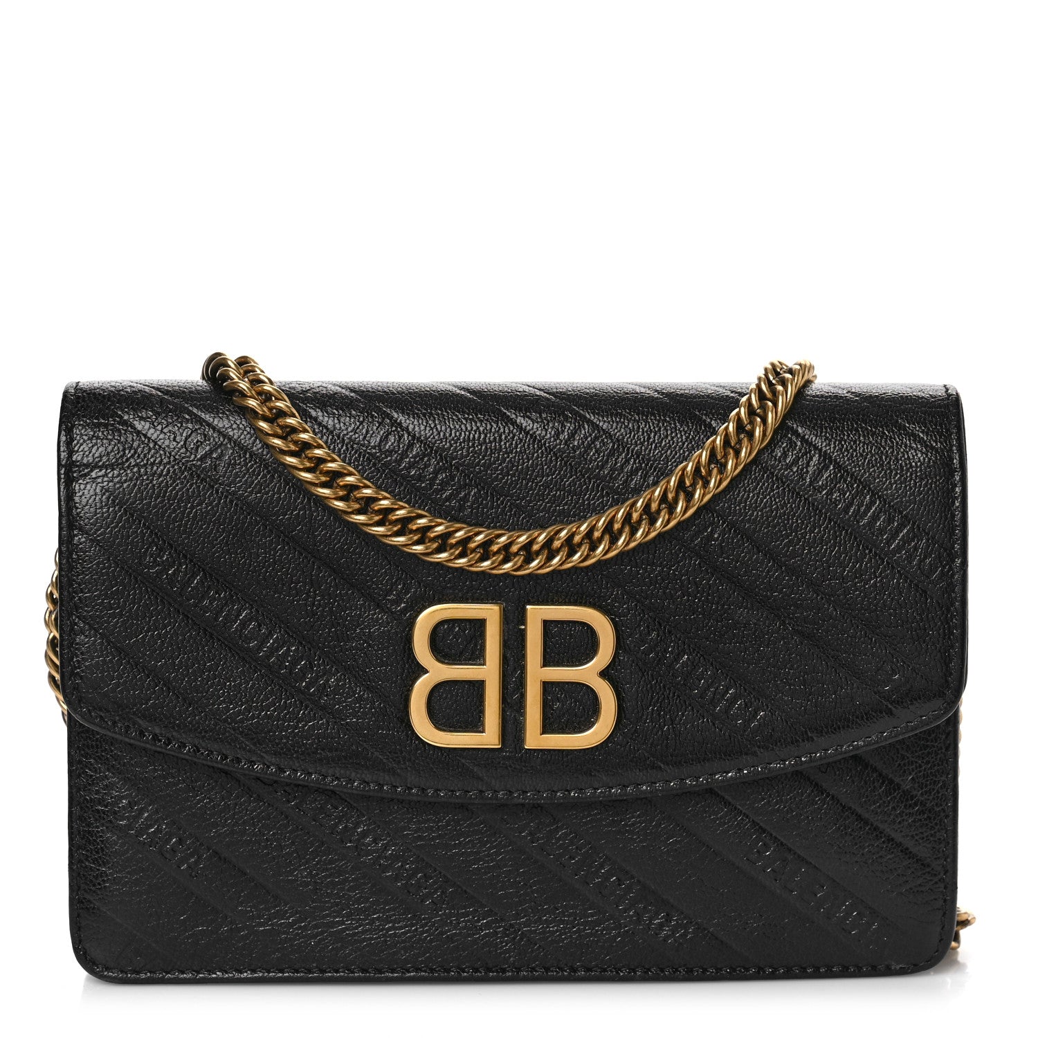 Balenciaga Shiny Goatskin Logo Embossed BB Wallet On Chain Black 1 of 11