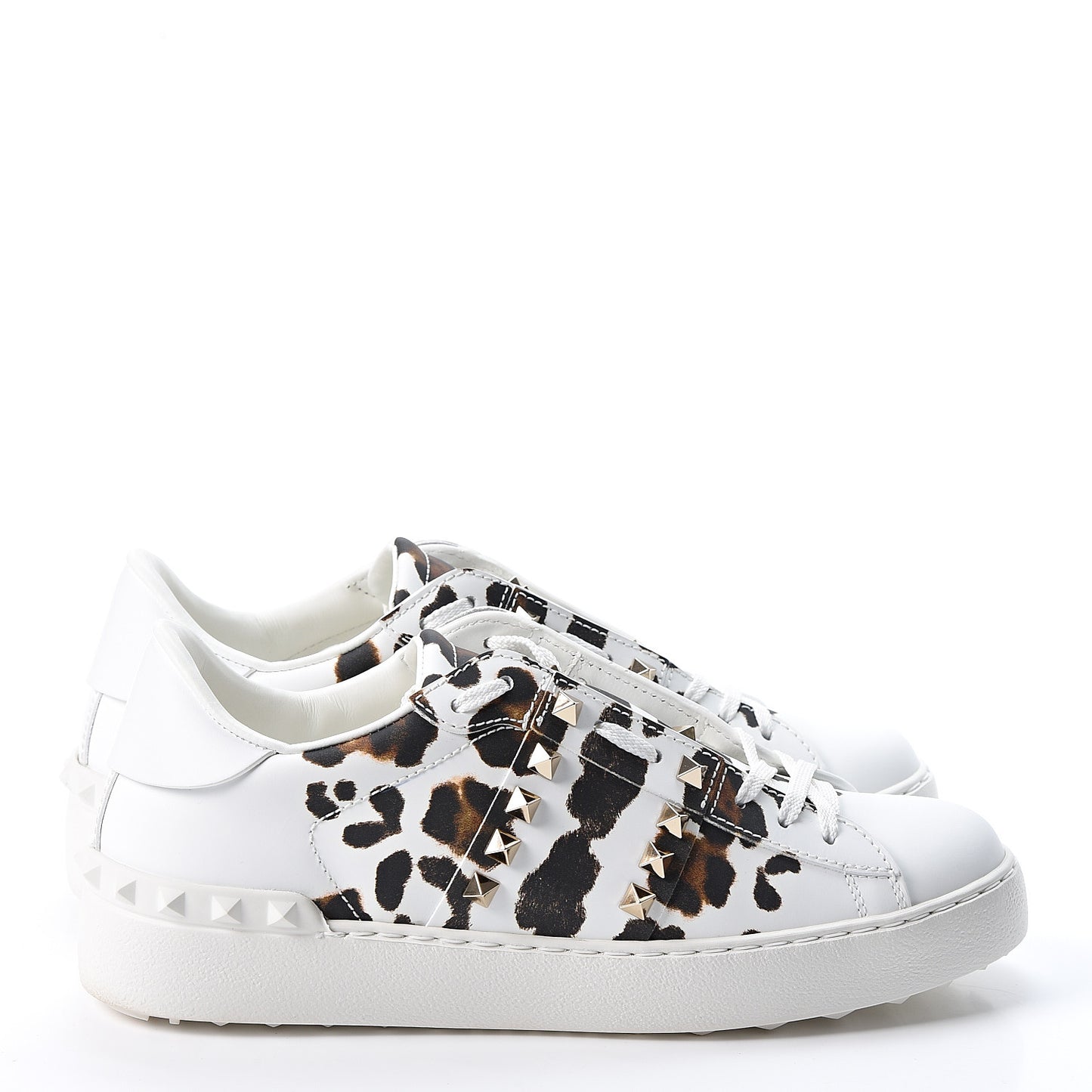 Calfskin Leopard Print Rockstud Untitled Open Sneakers 38 White