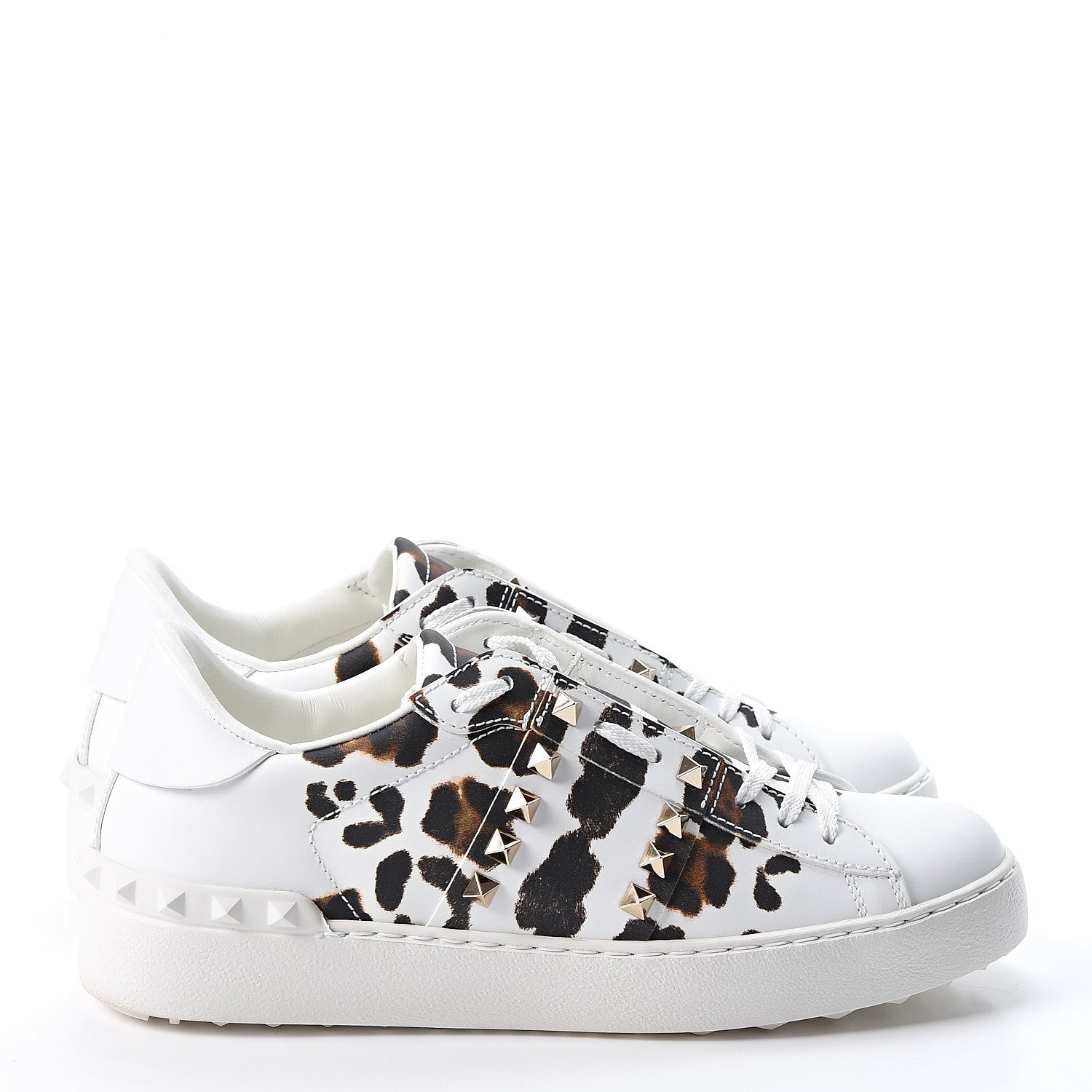 Valentino Garavani Calfskin Leopard Print Rockstud Untitled Open Sneakers 38 White 4 of 10