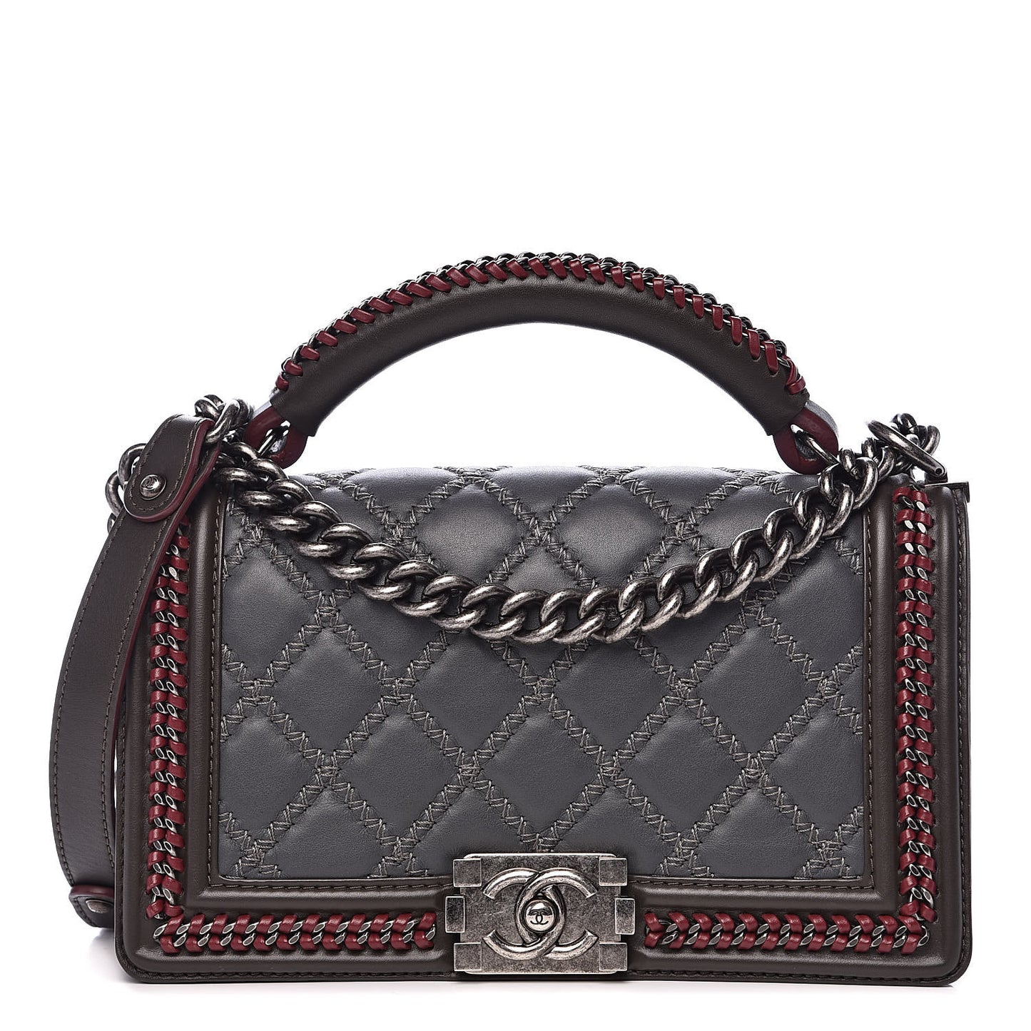 Calfskin Quilted Medium Boy Top Handle Flap Grey